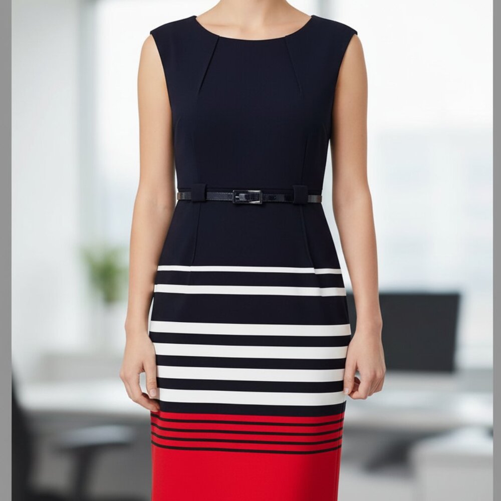 Navy Red Stripe Belted Knee-Length Pencil Dress | Size 8